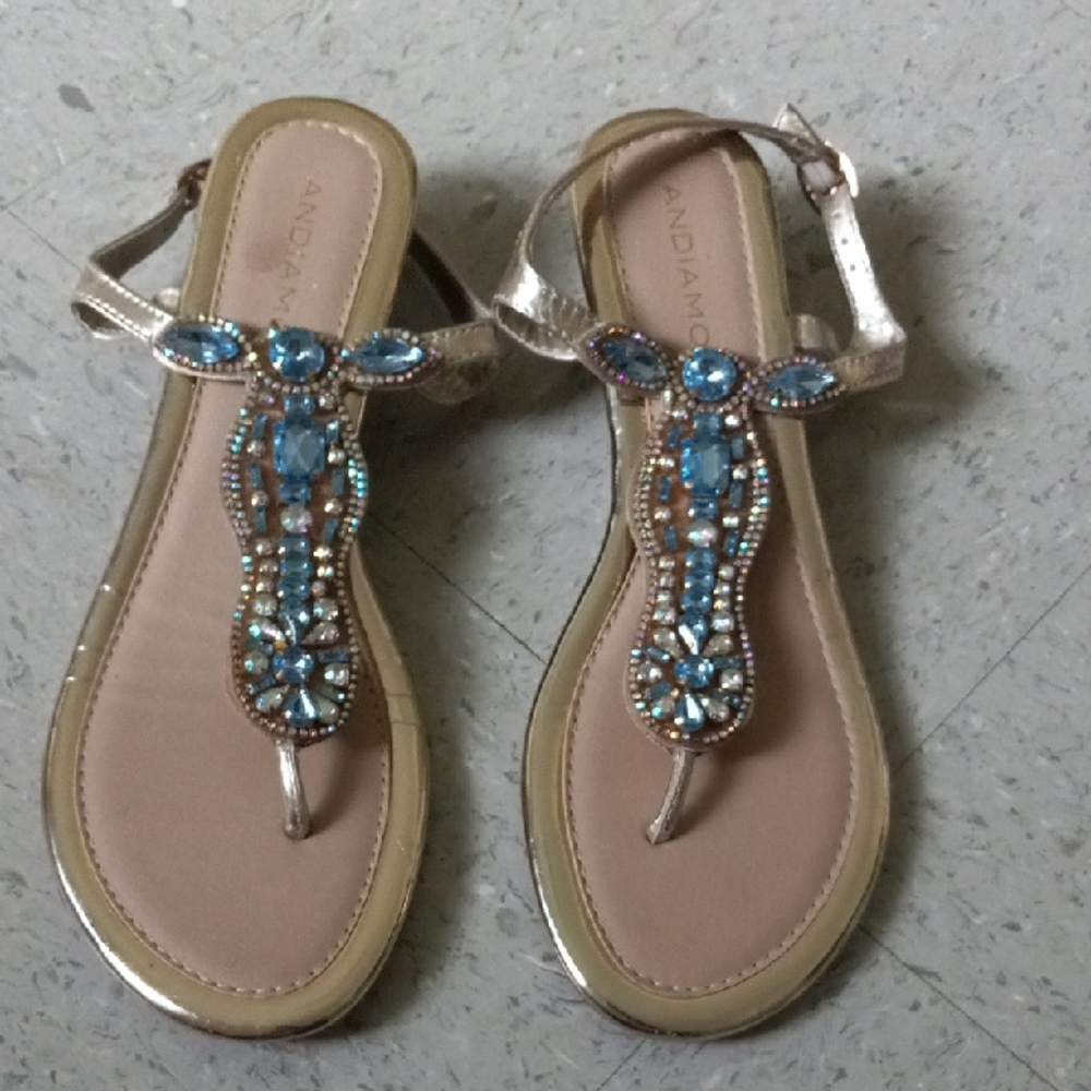 Women's Gold and Blue Embellished Sandals